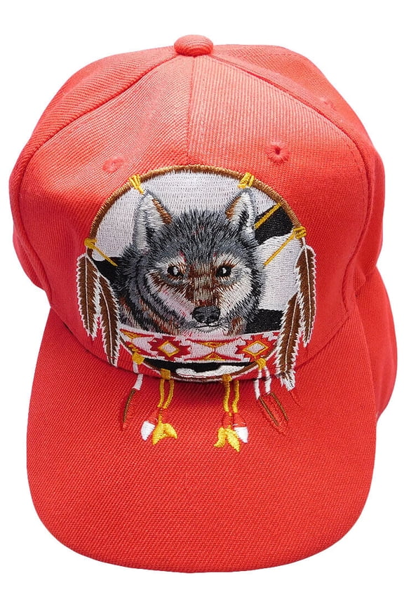 Native Pride Dreamcatcher Wolf Red Embroidered Cap Hat