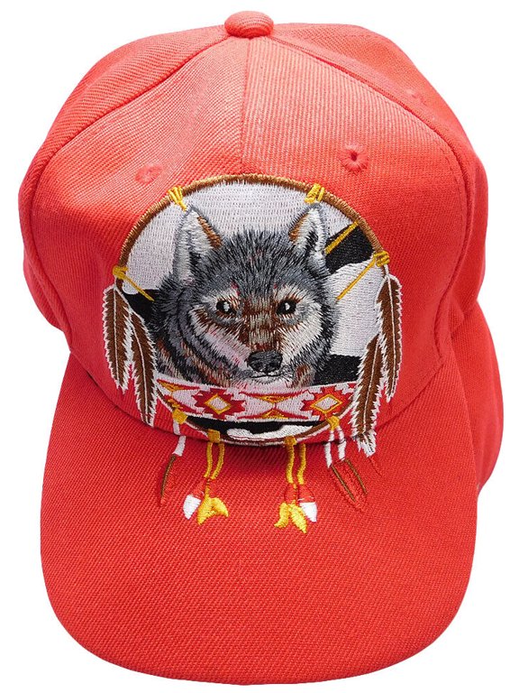 Native Pride Dreamcatcher Wolf Red Embroidered Cap Hat