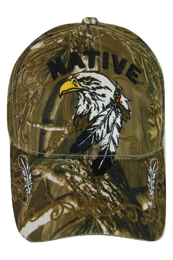 Native Pride Eagle Adjustable Baseball Cap with Feathers and Swirls (Hunting Camo)