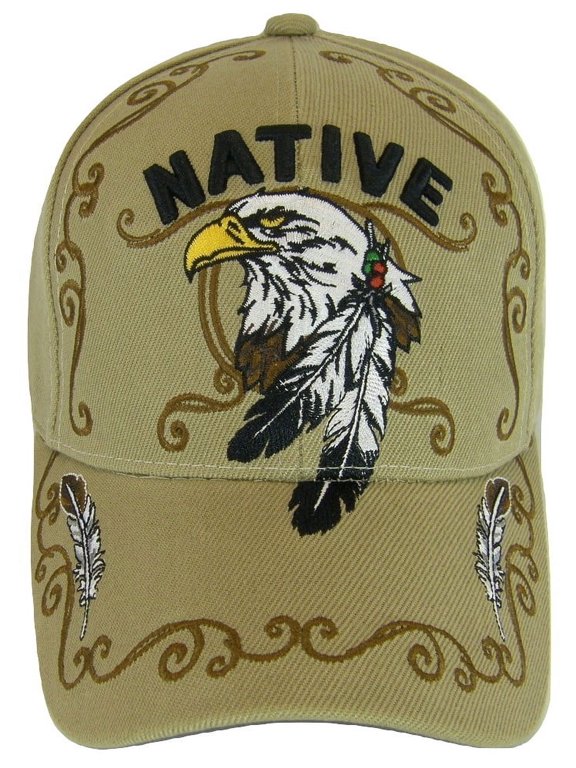 Native Pride Eagle Adjustable Baseball Cap with Feathers and Swirls (Khaki)