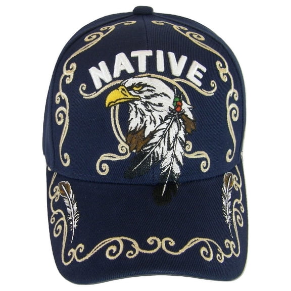 Native Pride Eagle Adjustable Baseball Cap with Feathers and Swirls (Navy)