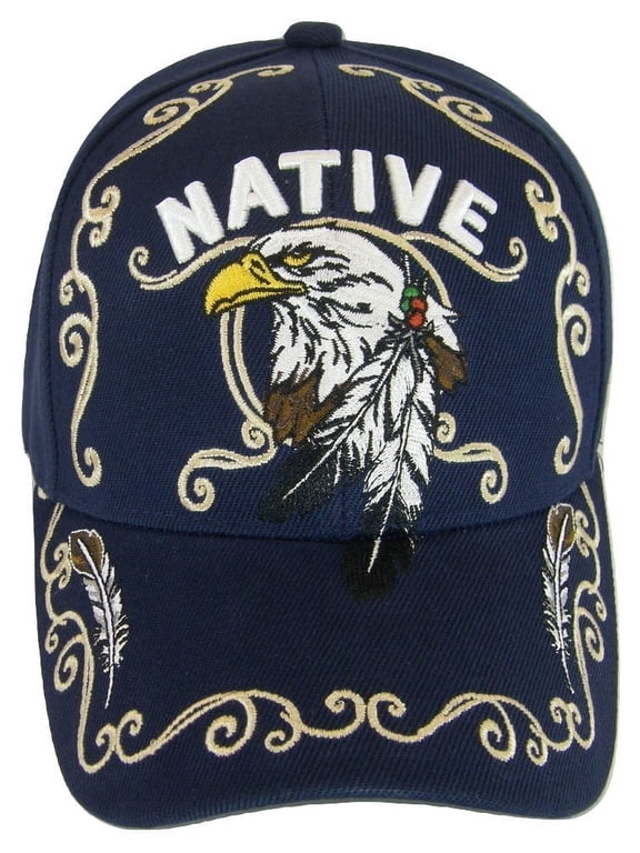 Native Pride Eagle Adjustable Baseball Cap with Feathers and Swirls (Navy)