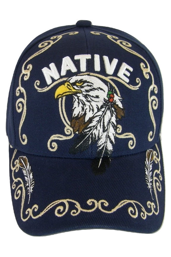 Native Pride Eagle Adjustable Baseball Cap with Feathers and Swirls (Navy)