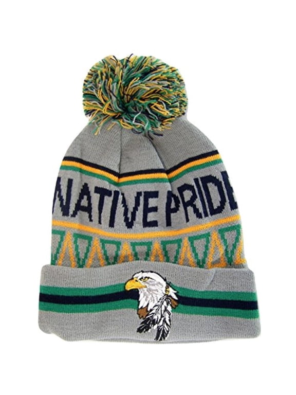 Native Pride Eagle Cuffed Knit Winter Hat Pom Beanie (Light Gray)