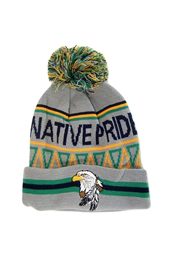 Native Pride Eagle Cuffed Knit Winter Hat Pom Beanie (Light Gray)