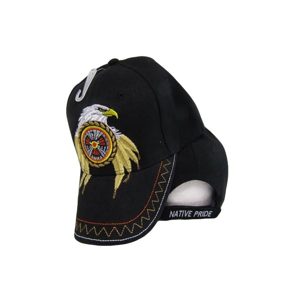 Native Pride Eagle Feathers Dream Catcher Black Embroidered Cap Hat