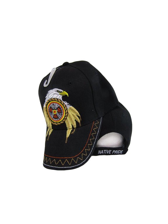 Native Pride Eagle Feathers Dream Catcher Black Embroidered Cap Hat