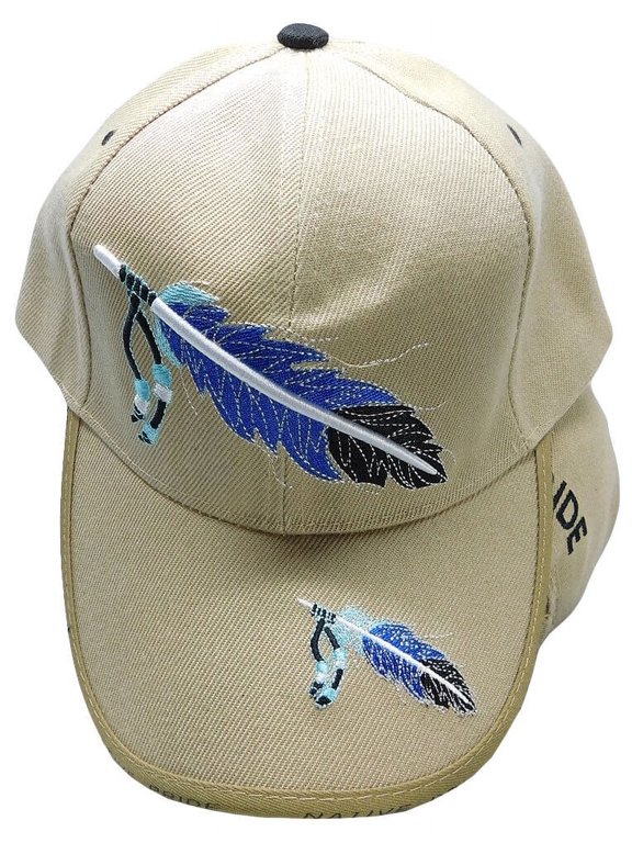 Native Pride Feather and Beads Khaki Embroidered Cap Hat
