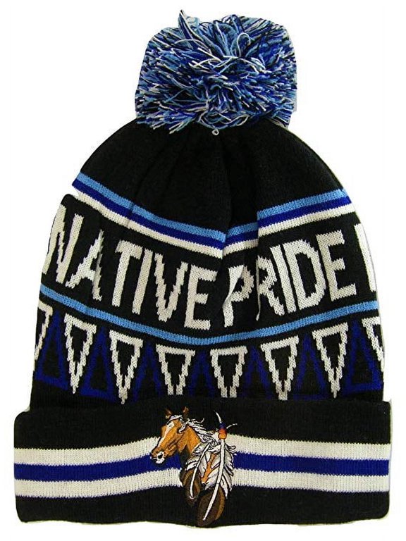 Native Pride Horse Cuffed Knit Winter Hat Pom Beanie (Black)