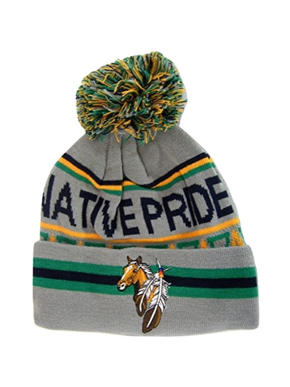 Native Pride Horse Cuffed Knit Winter Hat Pom Beanie (Light Gray)