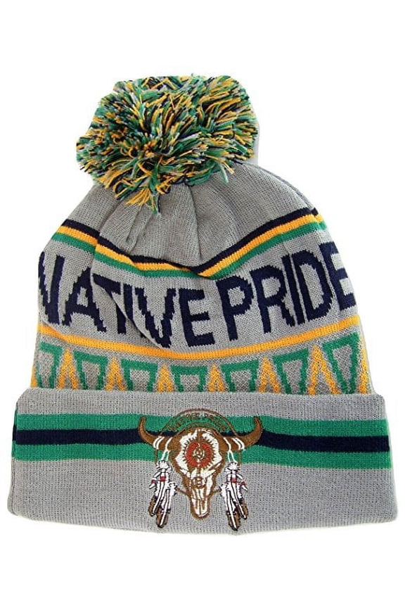 Native Pride Skull Cuffed Knit Winter Hat Pom Beanie (Light Gray)