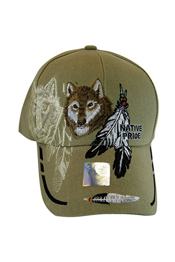 Native Pride Wolf & Feather Cap with Shadow Men's Adjustable Baseball Cap (Khaki)
