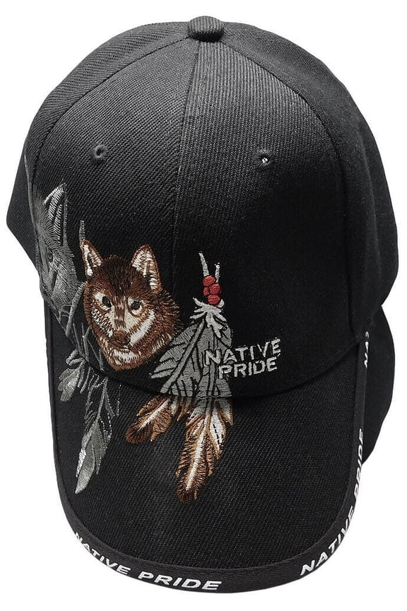 Native Pride Wolf Shadow Feather Black Embroidered Cap Hat