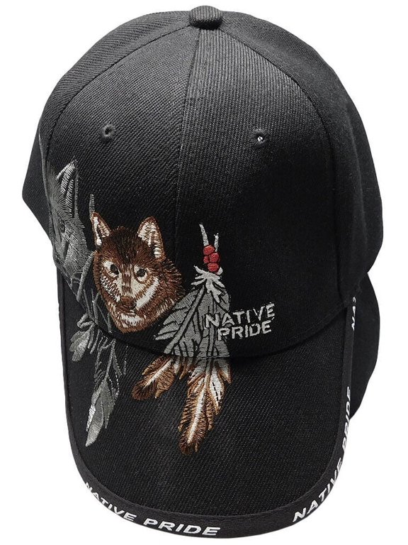 Native Pride Wolf Shadow Feather Black Embroidered Cap Hat