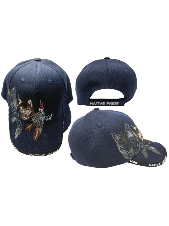 Native Pride Wolf Shadow Feather Blue Embroidered Cap Hat