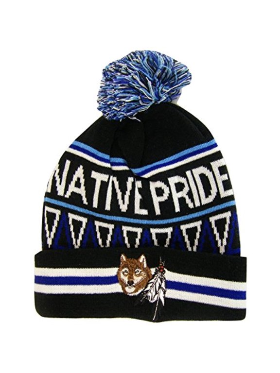 Native Pride Wolf With Feathers Cuffed Knit Winter Hat Pom Beanie (Black)