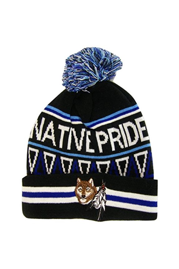 Native Pride Wolf With Feathers Cuffed Knit Winter Hat Pom Beanie (Black)