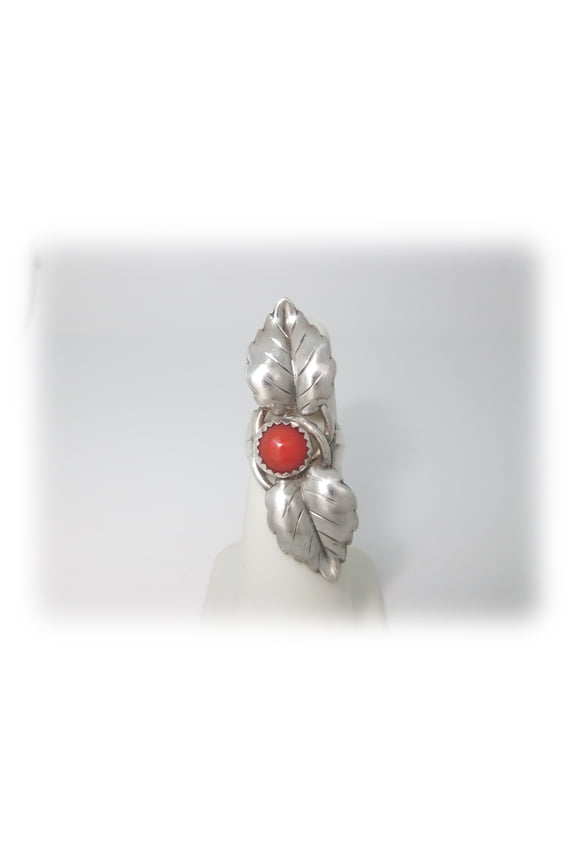 Native Red Coral American Leaf Ring Solid Sterling Silver Size 5