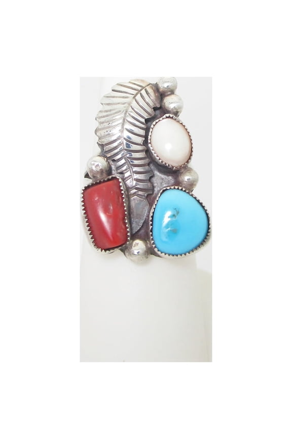 Native Ring Turquoise Red American Coral MOP Solid Sterling Silver Native Size 6