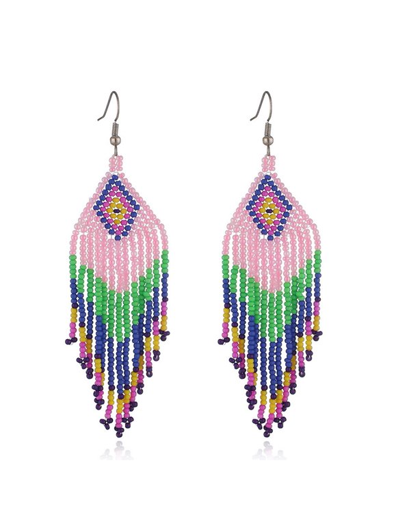Native Seed Beads Earrings for Women,Boho Ethnic Fringe Dangle Drop Earrings,Colorful Bohemian Handmade Long Beaded Tassel Earrings,Multi-color Funky Fashion Chandelier Statement Jewelry