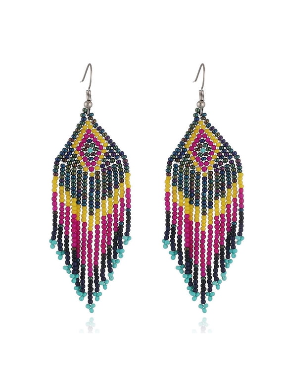 Native Seed Beads Earrings for Women,Boho Ethnic Fringe Dangle Drop Earrings,Colorful Bohemian Handmade Long Beaded Tassel Earrings,Multi-color Funky Fashion Chandelier Statement Jewelry
