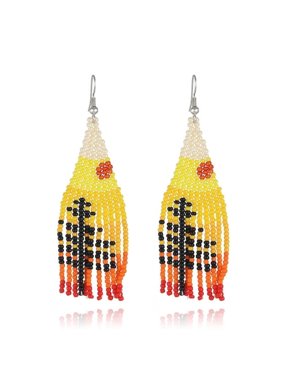 Native Seed Beads Earrings for Women,Boho Ethnic Fringe Dangle Drop Earrings,Colorful Bohemian Handmade Long Beaded Tassel Earrings,Multi-color Funky Fashion Chandelier Statement Jewelry