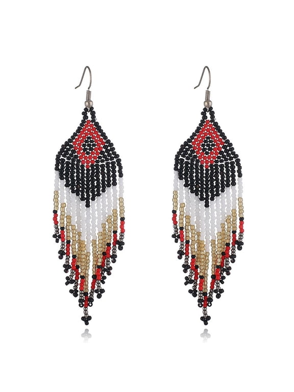 Native Seed Beads Earrings for Women,Boho Ethnic Fringe Dangle Drop Earrings,Colorful Bohemian Handmade Long Beaded Tassel Earrings,Multi-color Funky Fashion Chandelier Statement Jewelry