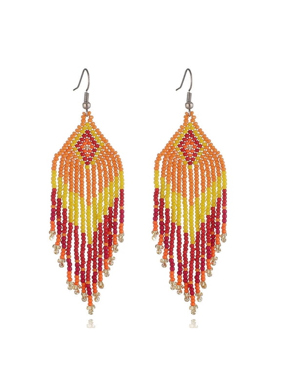 Native Seed Beads Earrings for Women,Boho Ethnic Fringe Dangle Drop Earrings,Colorful Bohemian Handmade Long Beaded Tassel Earrings,Multi-color Funky Fashion Chandelier Statement Jewelry