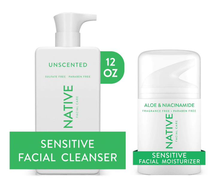 Native Skin Care Sensitive Facial Cleanser 12 oz + Moisturizer 1.7 oz Set