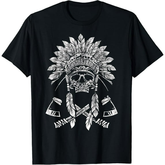 Native Skull Graphic Tee, Printing,Causal Short Sleeve T-Shirt, Vintage Style Tops,Round neck,Fashion,cotton,black,S-5XL