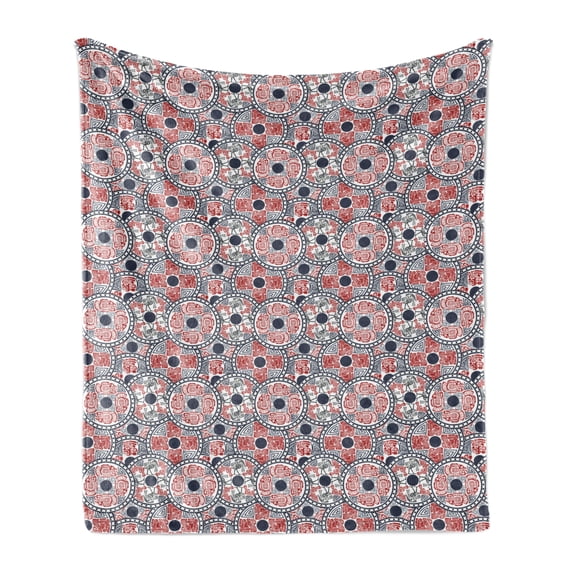 Native Soft Flannel Fleece Throw Blanket, Indigenous Mayan Pattern with Animals and National Motifs in Circles, Cozy Plush for Indoor and Outdoor Use, 50" x 60", Vermilion Dark Blue, by Ambesonne