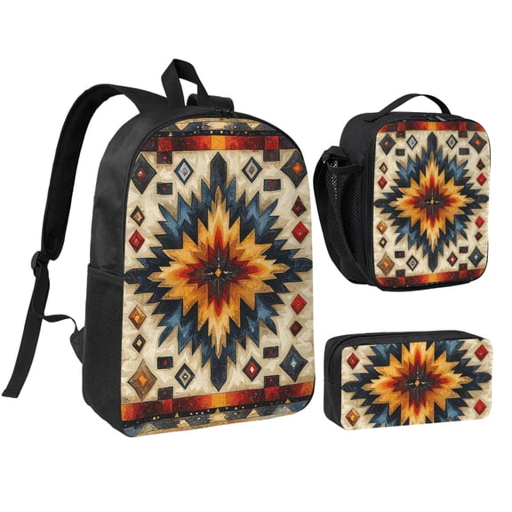 Native Southwest Tribal Patterns Art 17-inch Laptop Backpack 3-Piece Set with Insulated Lunch Bag and Accessory Pouch, Rucksack for Teens Adults