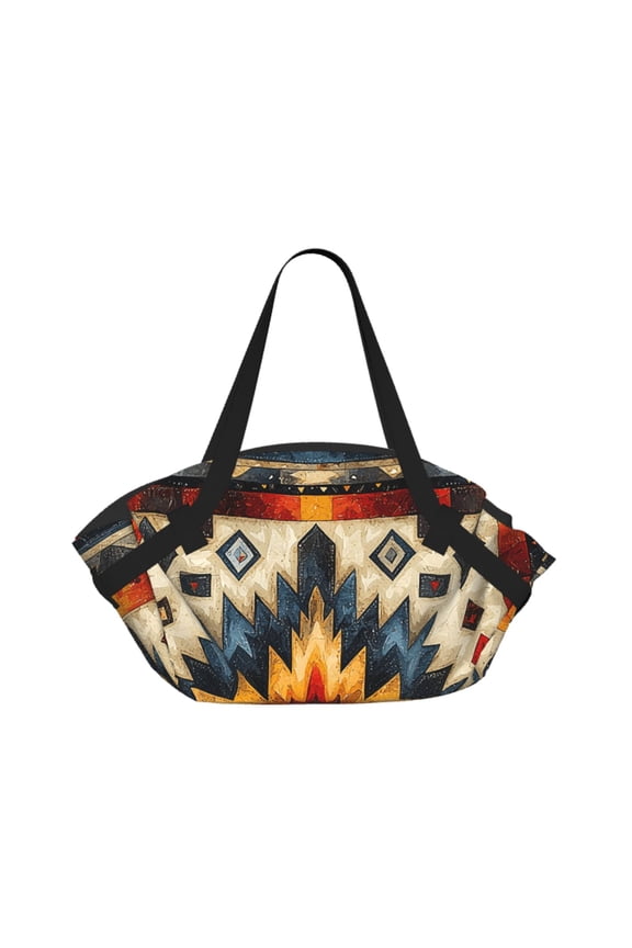 Native Southwest Tribal Patterns Art 2-in-1 Foldable Picnic Blanket Tote Bag Shoulder Handbag, Large Circular Outdoor Mat for Beach Camping Park