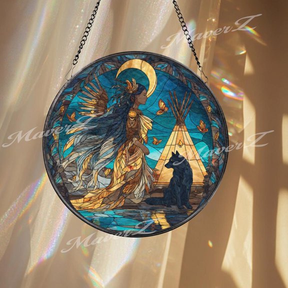 Native Spirit Glass Suncatcher, Round Wolf Moon Window Panel, Tribal Art, 7.9 in