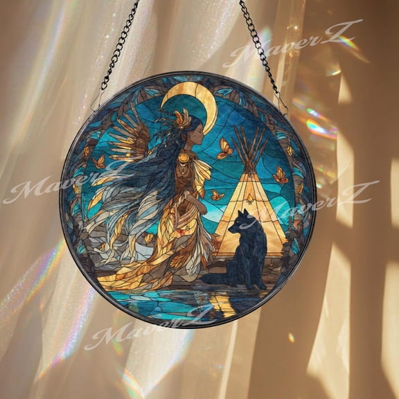Native Spirit Glass Suncatcher, Round Wolf Moon Window Panel, Tribal Art, 7.9 in
