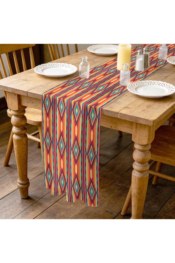 Native Striped 4.5ft Cheesecloth Table Runner for Wedding 19"x55", Brown Orange Tribe Geometric Abstract Ethnic Striped Kitchen Dinner Sheer Tulle Chiffon Dresser Scarf, Holiday Party Decorations
