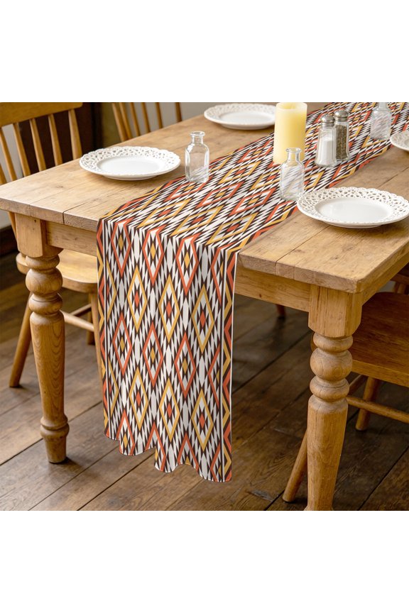 Native Striped 4.5ft Cheesecloth Table Runner for Wedding 19"x55", Yellow Orange Tribe Geometric Abstract Ethnic Plaid Kitchen Dinner Sheer Tulle Chiffon Dresser Scarf, Holiday Party Decorations