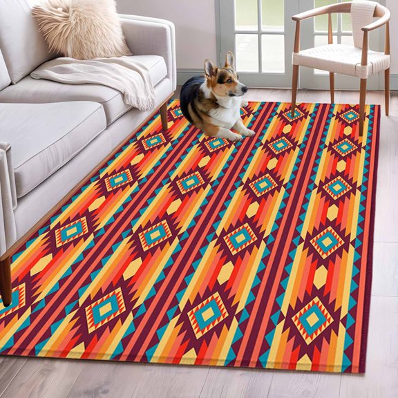 Native Striped Area Rugs 4x6 ft Brown Orange Tribe Geometric Abstract Ethnic Striped Washable Rug Non Slip Indoor Carpet Absorbent Floor Mat for Living Room Bedroom Dining Room