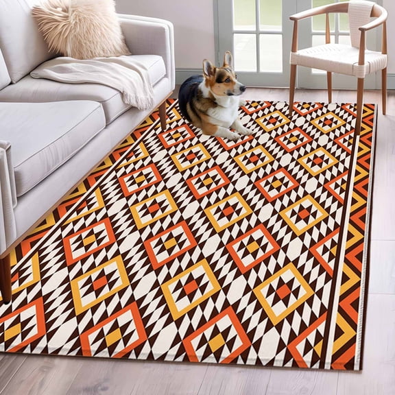 Native Striped Area Rugs 4x6 ft Yellow Orange Tribe Geometric Abstract Ethnic Plaid Washable Rug Non Slip Indoor Carpet Absorbent Floor Mat for Living Room Bedroom Dining Room
