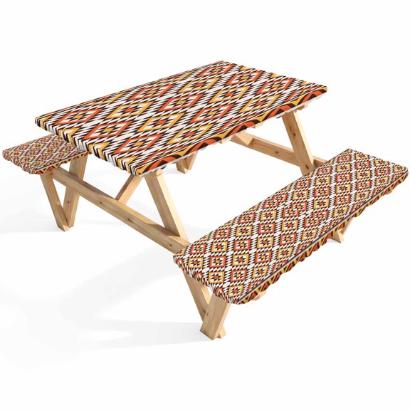 Native Striped Picnic Table Cover with Bench Covers Yellow Orange Tribe Geometric Abstract Ethnic Plaid Waterproof Fitted Picnic Tablecloth 3 Pieces Set Table Cloth for Outdoor Camping Garden BBQ