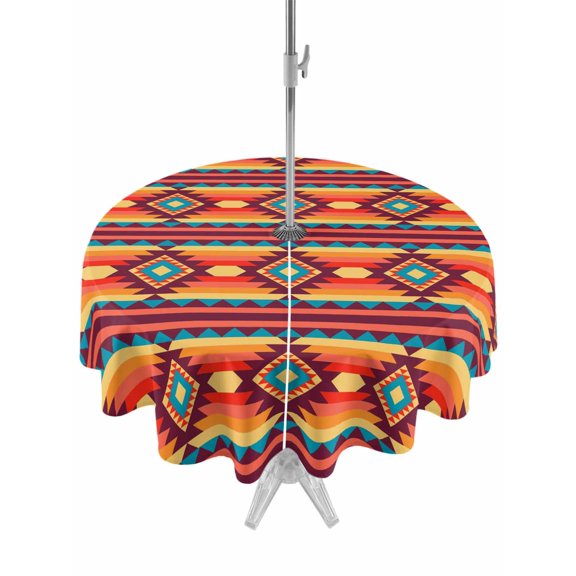 Native Striped Round Outdoor Tablecloth with Umbrella Hole Brown Orange Tribe Geometric Abstract Ethnic Striped 54 Inch Round Waterproof Table Cover Zippered Table Cloth for Garden Patio