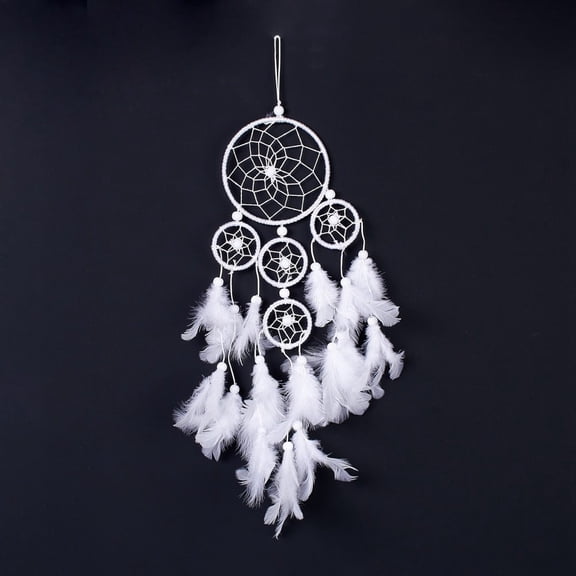 Native Style Five Rings Woven Net/Web with Feather Wall Hanging Decoration with Wooden Beads for Home Offices Amulet Ornament White