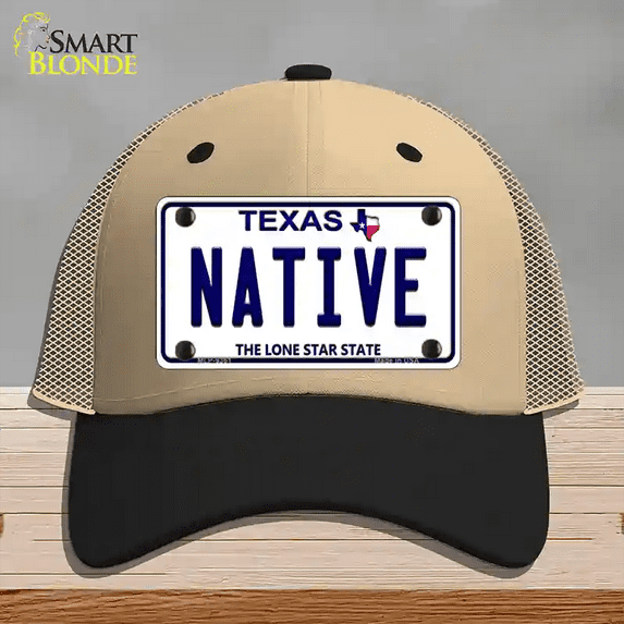 Native Texas White Novelty License Plate Hat Mesh Khaki|Black