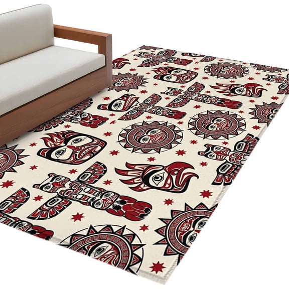 Native Totem Area Rug 4x6 Washable Rug Non Slip Ethnic Boho Tribal Earthy Red Beige Abstract Large Area Rug Indoor Carpet for Entryway Bedroom Kitchen Living Room Home Office Dining Room Nursery