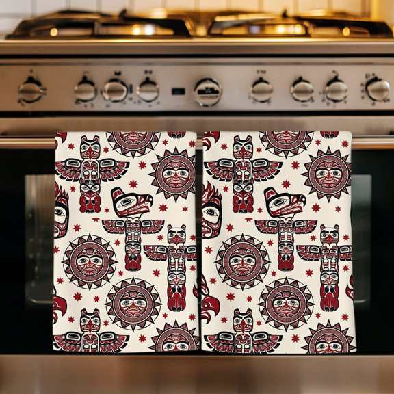 Native Totem Kitchen Towels Set of 1, Ethnic Boho Tribal Earthy Red Beige Abstract Absorbent Dish Towels for Kitchen, Microfiber Hand Towel, Quick Drying Tea Towel for Cleaning Decorative Dishcloths