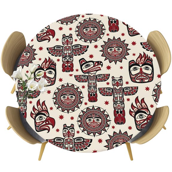 Native Totem Round Tablecloth 36-44 Inch Round Fitted Table Cloth with Elastic Edge, Ethnic Boho Tribal Earthy Red Beige Abstract Waterproof Table Cover Protector for Outdoor Picnic Party Dining