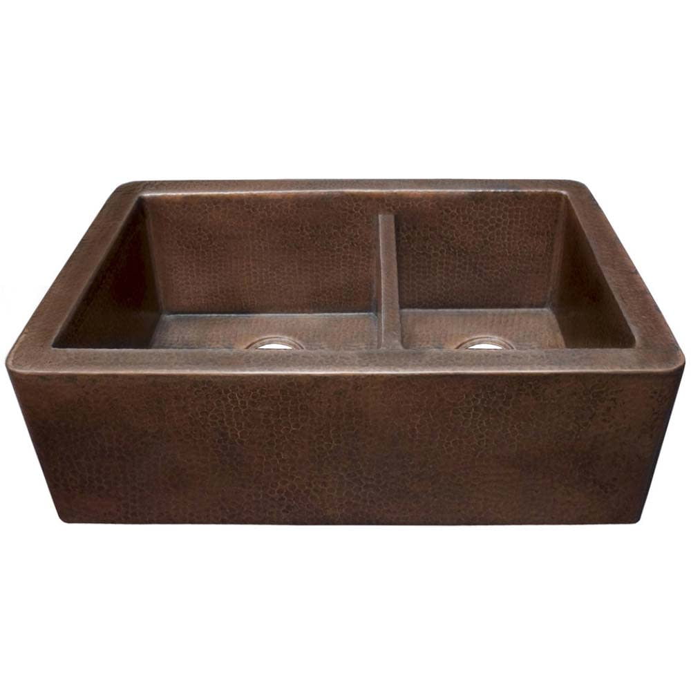 33" Antique Copper Double Basin Farmhouse Kitchen Sink