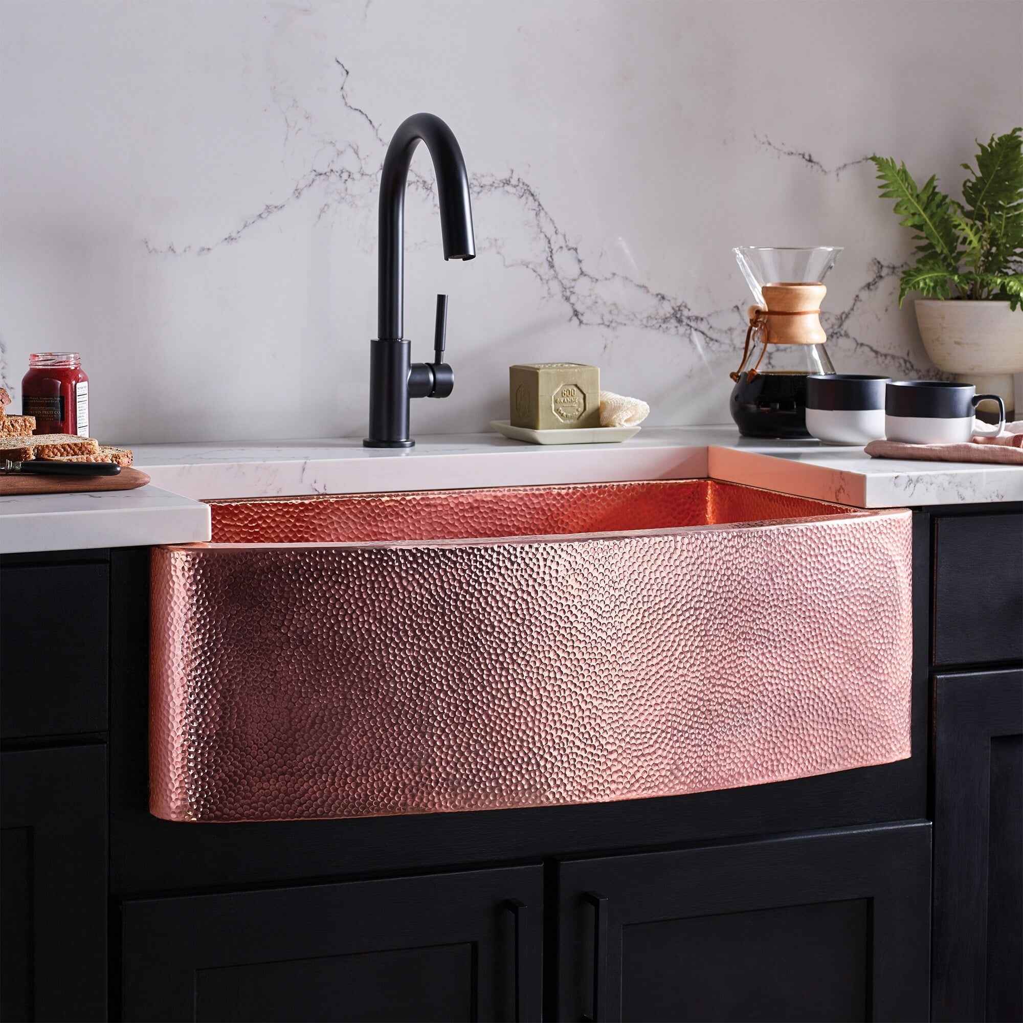 33" Polished Copper Farmhouse Kitchen Sink with Hammered Finish