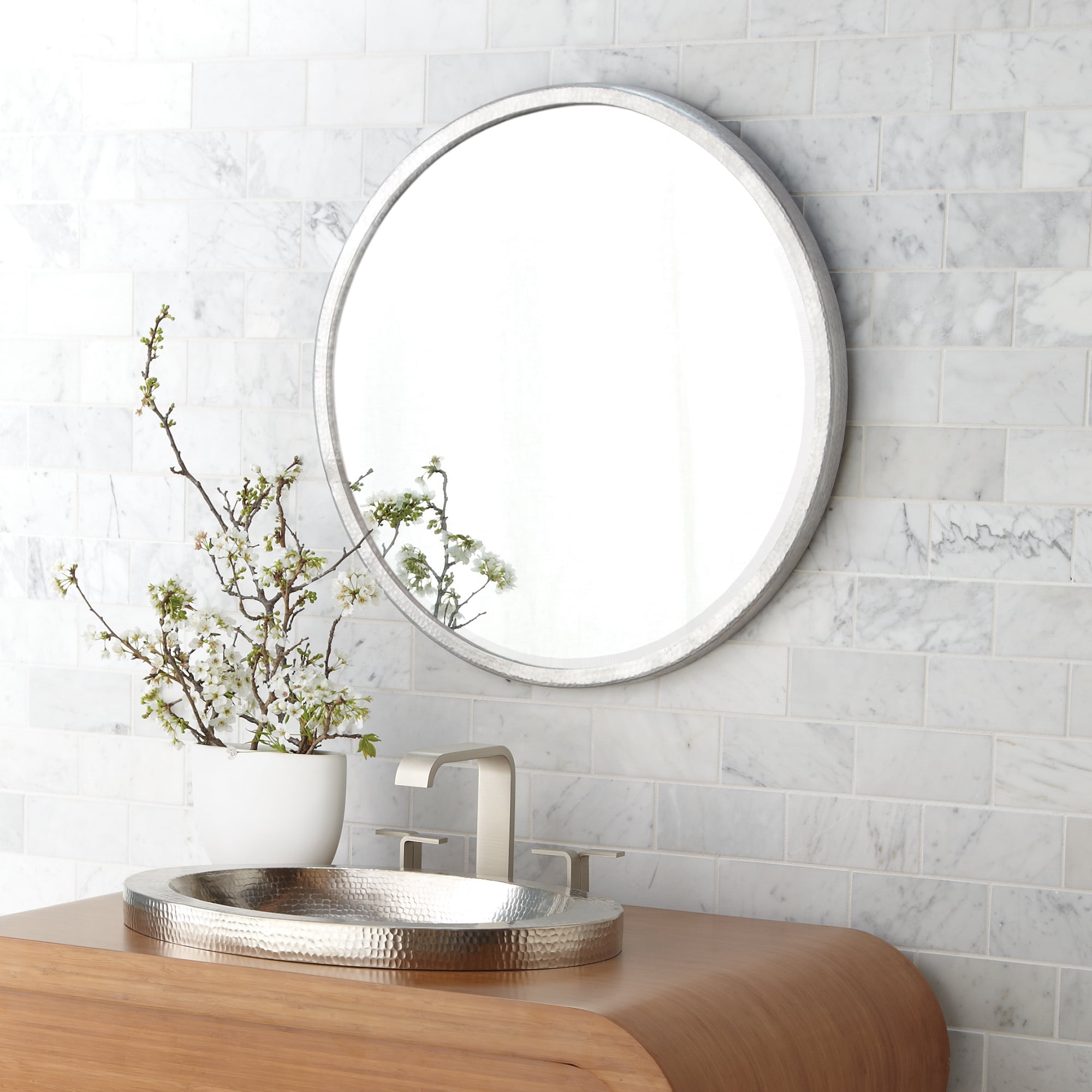 Transitional Divinity 25" Silver Hammered Aluminum Circular Vanity Mirror