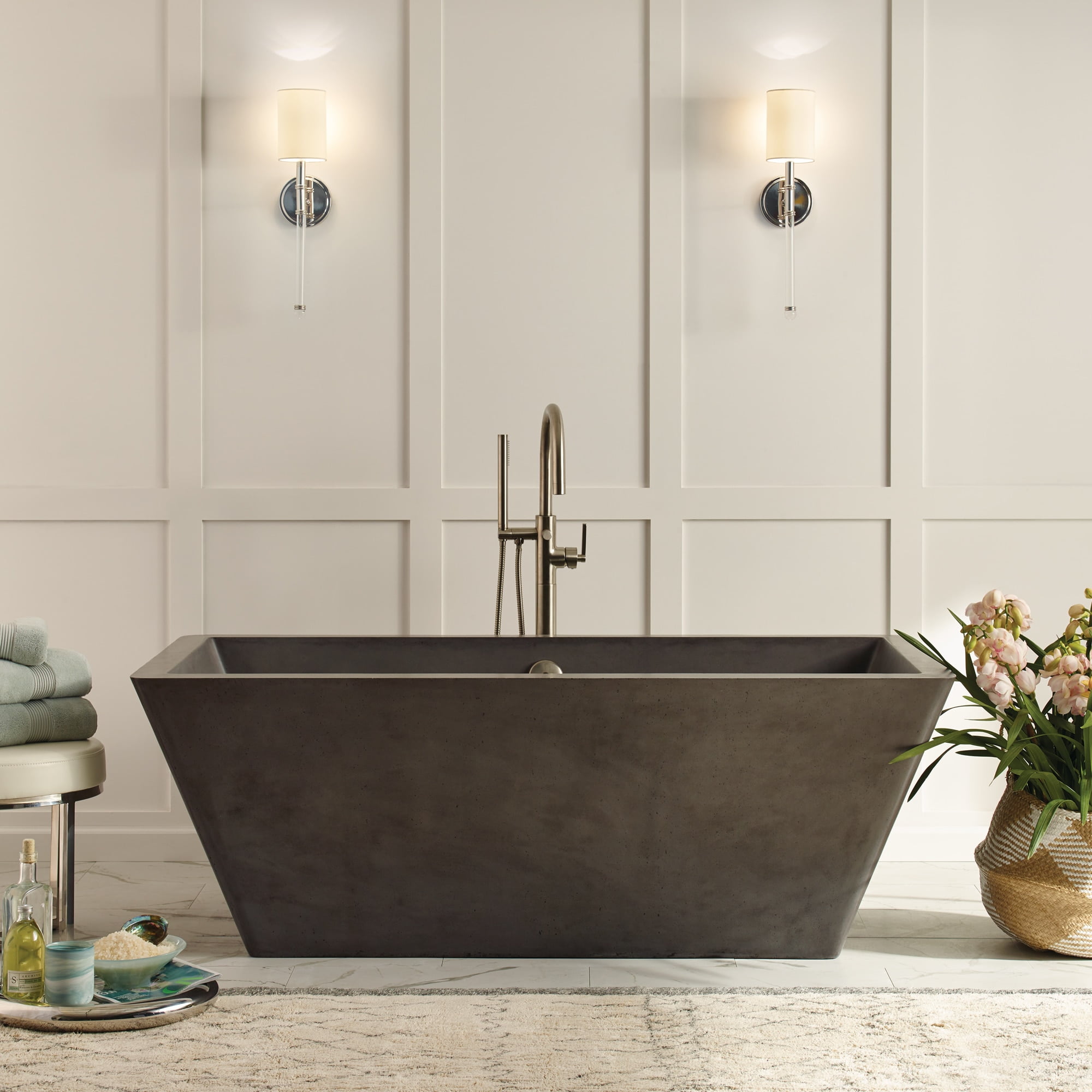 NativeStone 66" Slate Freestanding Concrete Soaking Bathtub